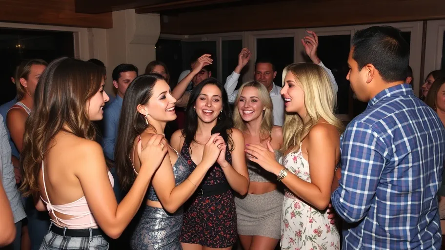 Group of people dancing and talking at a party.